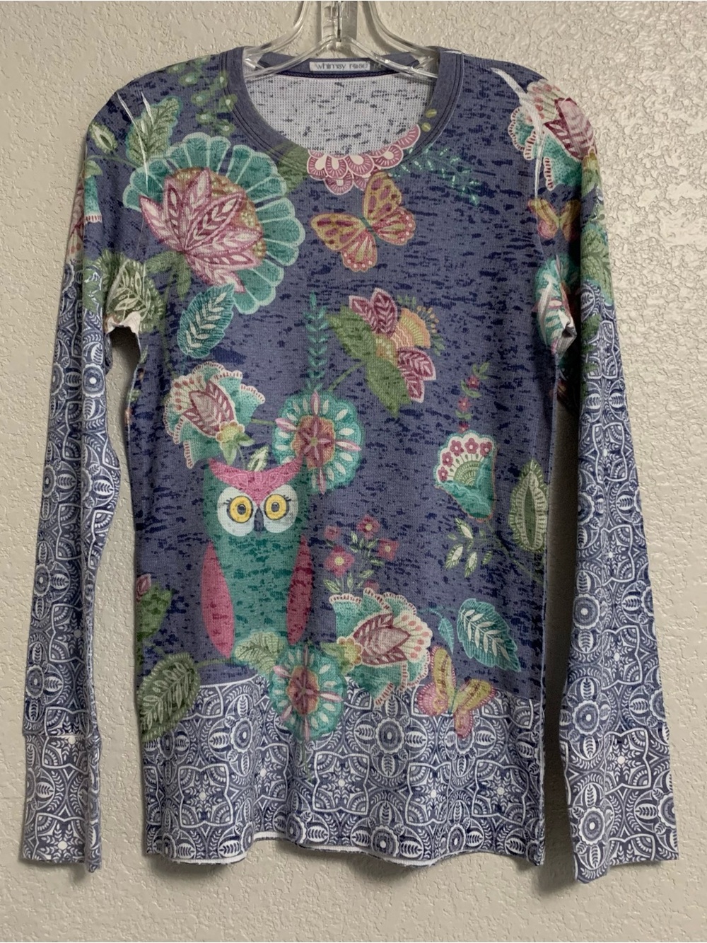 Whimsy Rose Tee Top Women M Baby Waffle Floral Butterfly Owl Boho Colorful Artsy
